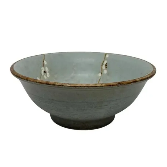 Late 20th Century Japanese Shosun Mint Large 8 3/8” Ceramic Bowl Cherry Blossoms